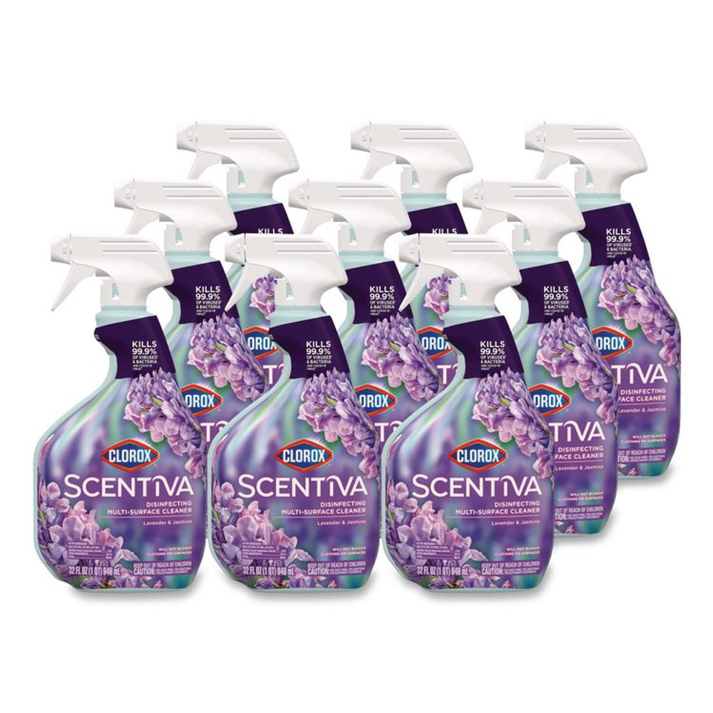 CLOROX SALES CO. 60523CT Scentiva Disinfecting Multi-Surface Cleaner, Bleach Free, Lavender and Jasmine, 32 oz Spray Bottle, 9/Carton