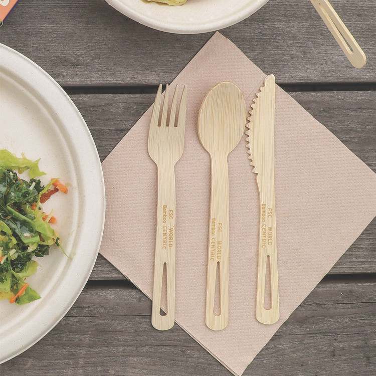 WORLD CENTRIC ASBBTN Bamboo Cutlery, Fork/Knife/Napkin/Spoon, Paper, Natural, 250/Carton