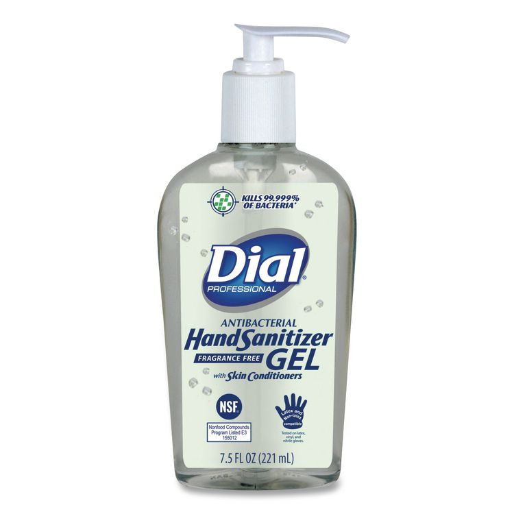 DIAL PROFESSIONAL 01585 Antibacterial with Moisturizers Gel Hand Sanitizer, 7.5 oz Pump Bottle, Fragrance-Free, 12/Carton