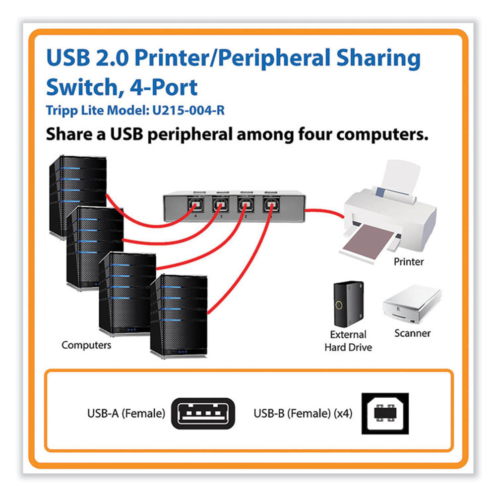 EATON CORPORATION Tripp Lite by U215-004-R USB 2.0 Printer/Peripheral Sharing Switch, 4 Ports