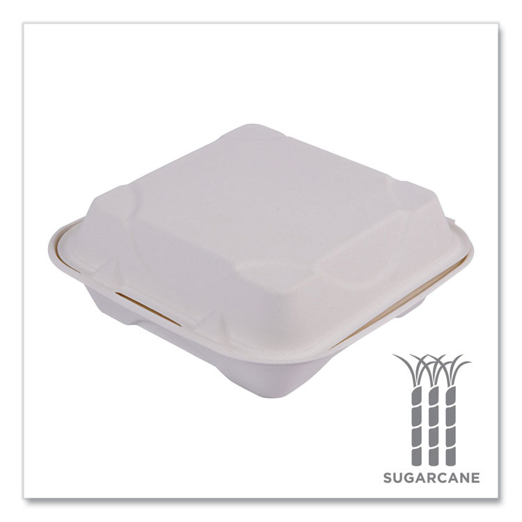 ECO-PRODUCTS,INC. EPHC81NFA Vanguard Renewable and Compostable Sugarcane Clamshells, 8 x 8 x 3, White, 200/Carton