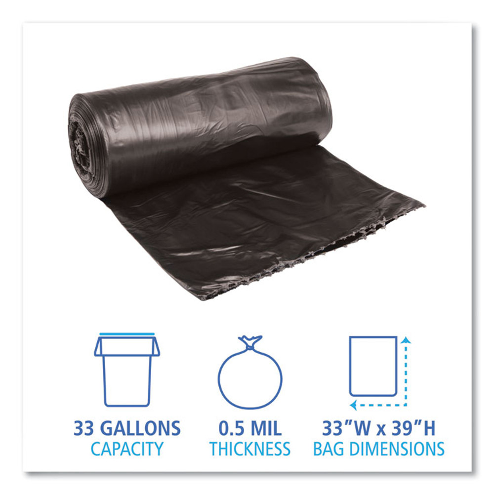 BOARDWALK 3339H Low-Density Waste Can Liners, 33 gal, 0.5 mil, 33" x 39", Black, Perforated Roll, 25 Bags/Roll, 8 Rolls/Carton