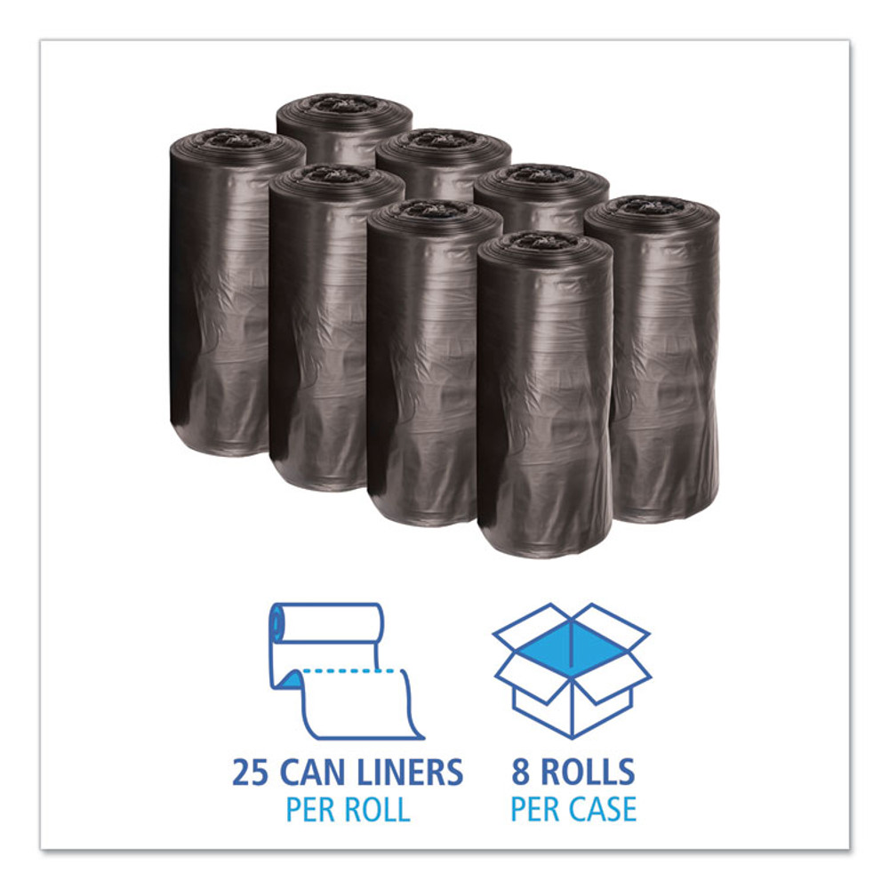 BOARDWALK 3339H Low-Density Waste Can Liners, 33 gal, 0.5 mil, 33" x 39", Black, Perforated Roll, 25 Bags/Roll, 8 Rolls/Carton