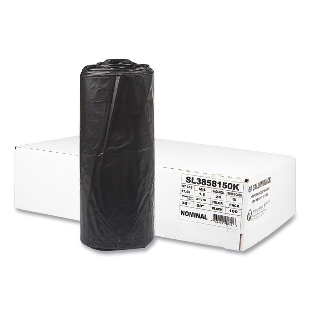 INTEGRATED BAGGING SYSTEMS Inteplast Group SL3858150K Recycled Low-Density Commercial Can Liners, Coreless Interleaved Roll, 60 gal, 1.5 mil, 38" x 58", Black, 20/Roll, 5 Rolls/CT