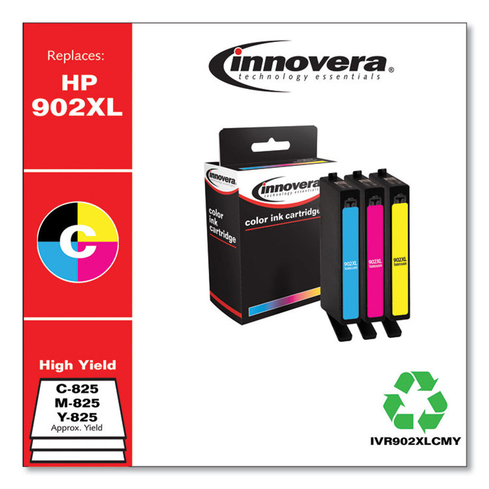 INNOVERA 902XLCMY Remanufactured Cyan/Magenta/Yellow High-Yield Ink, Replacement for 902XL (T6M02AN), 825 Page-Yield
