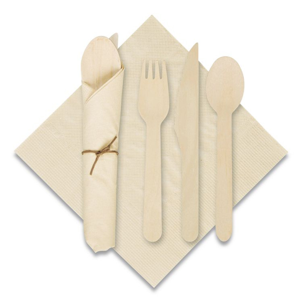 HOFFMASTER 120030 Pre-Rolled Caterwrap Kraft Napkins with Wood Cutlery, Fork/Knife/Napkin/Spoon, Plastic, Brown, 100/Carton