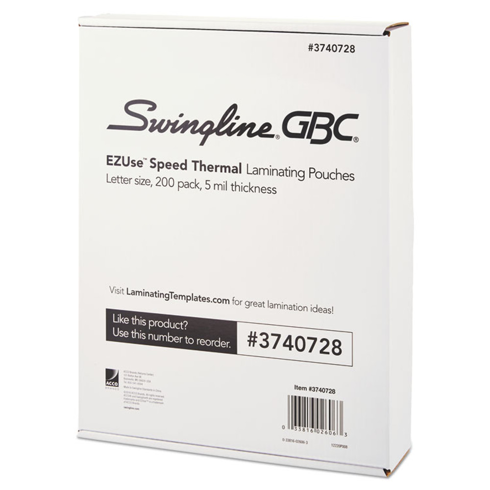 WILSON JONES CO. GBC® 3740728 EZUse Thermal Laminating Pouches, 5 mil, 9" x 11.5", Gloss Clear, 200/Pack