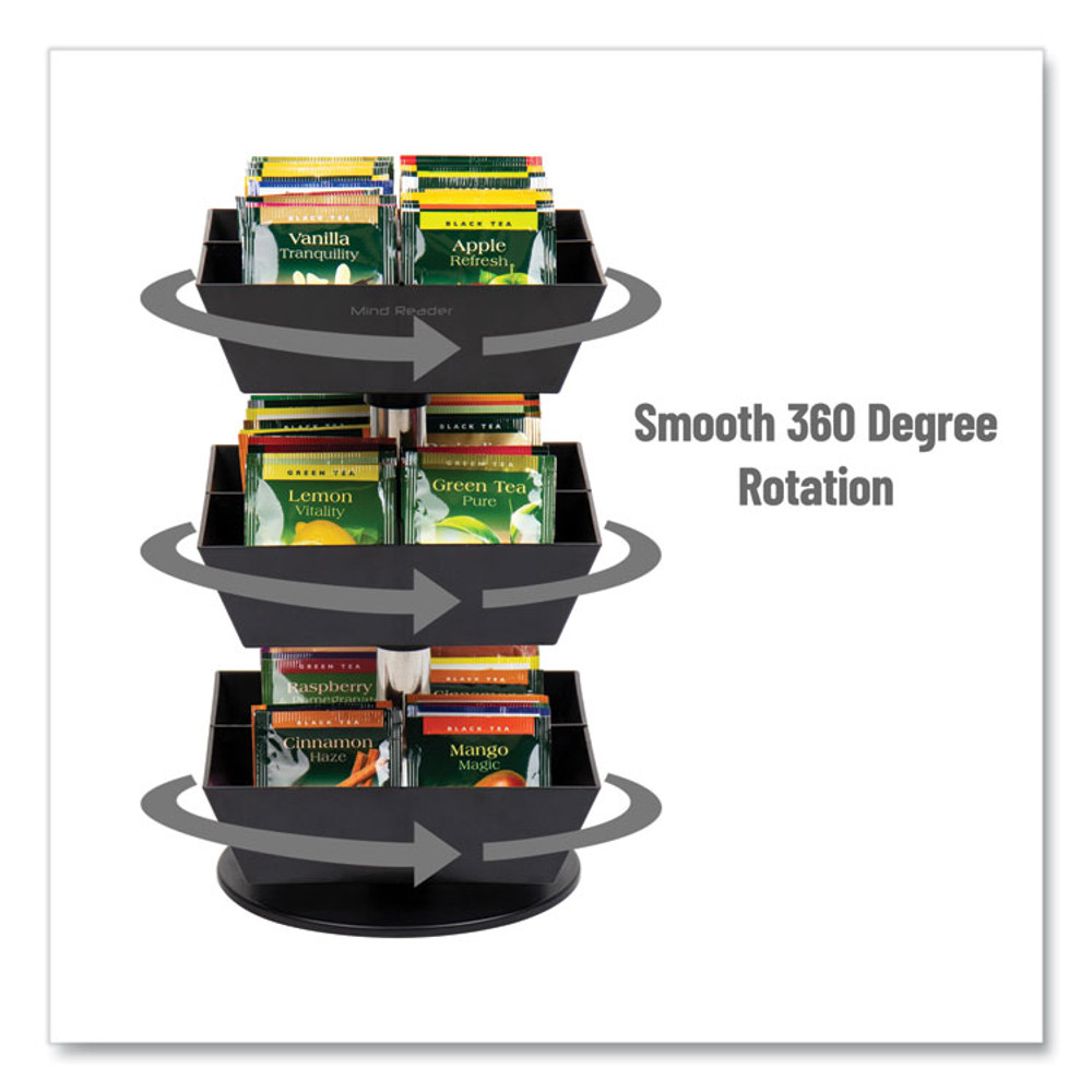 EMS MIND READER LLC TEASWIV3TBLK Anchor Collection 3-Tier 12-Compartment Tea and Condiment Carousel Countertop Organizer, 6.75 x 6.75 x 11.5, Black