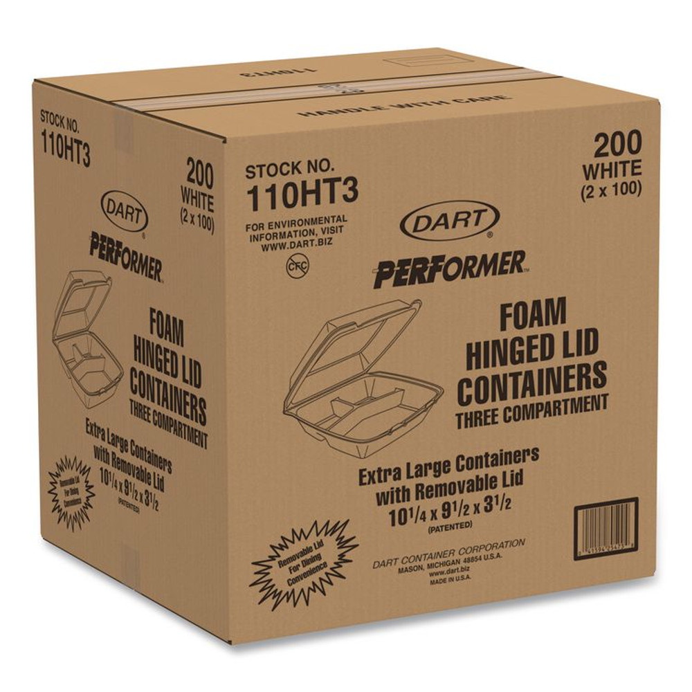 DART 110HT3 Foam Hinged Lid Containers, 3 Compartments, 9.5 x 10.26 x 3.4, White, 200/Carton