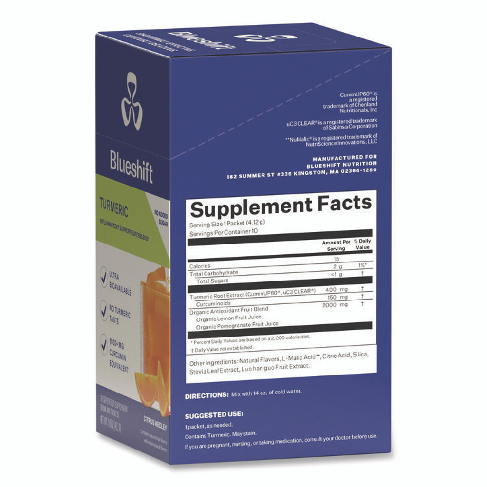 BLUESHIFT NUTRITION 60004166 Turmeric Citrus Medley Drink Mix, Citrus Medley Flavor, 0.16 oz Packets, 10/Pack, 2 Packs/Carton