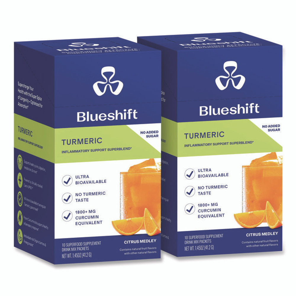 BLUESHIFT NUTRITION 60004166 Turmeric Citrus Medley Drink Mix, Citrus Medley Flavor, 0.16 oz Packets, 10/Pack, 2 Packs/Carton