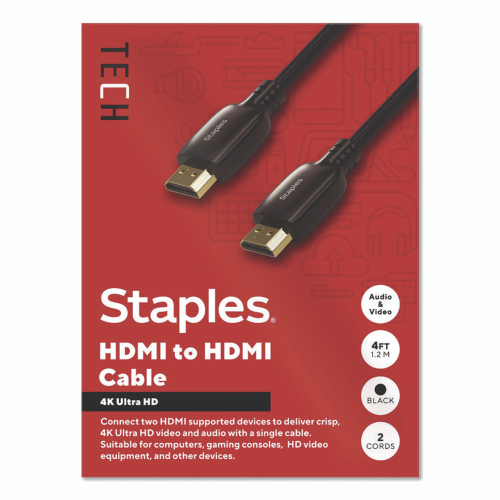 STAPLES BRANDS GROUP TECH ST62478 HDMI to HDMI Audio/Video Cable, 4 ft, Black, 2/Pack
