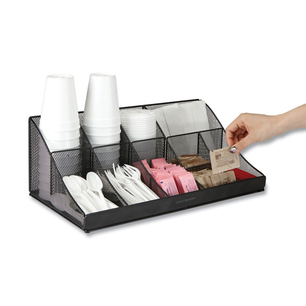 EMS MIND READER LLC COMORGMESHBL Network Collection 11-Compartment Coffee Cup and Condiment Countertop Organizer, 9.5 x 17.88 x 6.63, Black