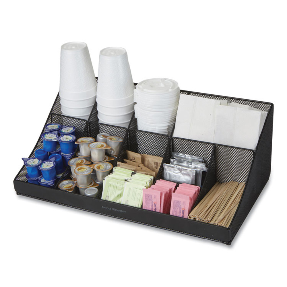 EMS MIND READER LLC COMORGMESHBL Network Collection 11-Compartment Coffee Cup and Condiment Countertop Organizer, 9.5 x 17.88 x 6.63, Black