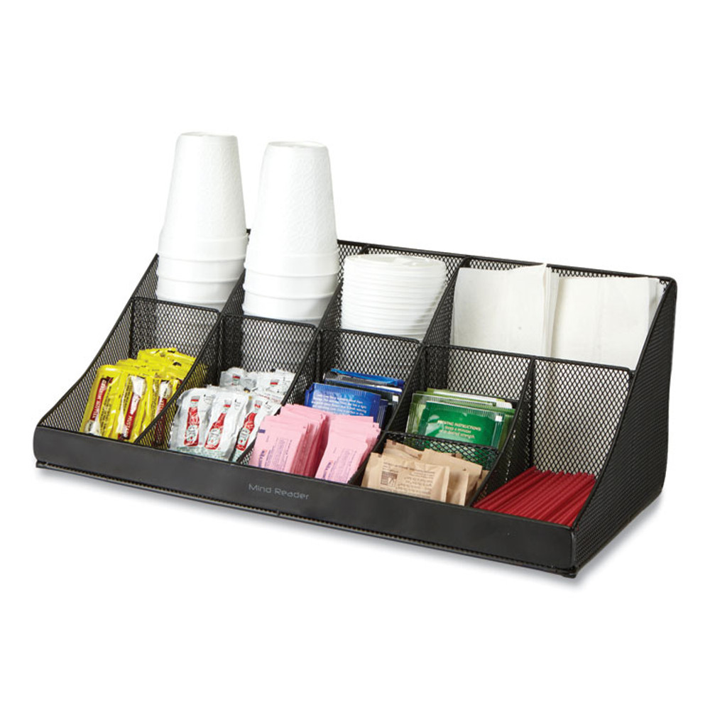 EMS MIND READER LLC COMORGMESHBL Network Collection 11-Compartment Coffee Cup and Condiment Countertop Organizer, 9.5 x 17.88 x 6.63, Black