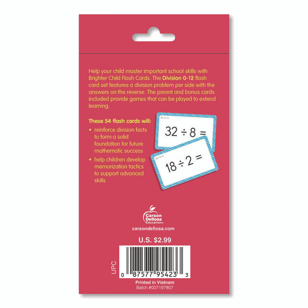 CARSON-DELLOSA EDUCATION 0769677231 Division 0 to 12 Flash Cards, Grades 4 to 6, 3.25" x 5.25", Assorted Colors, 54 Cards