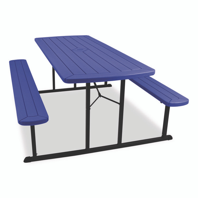 NATIONAL PUBLIC SEATING NPS® BMPT3072BK04 Blow Molded Folding Picnic Table, Rectangular, 57w x 72d x 29.5h, Blue Top, Black Base/Legs