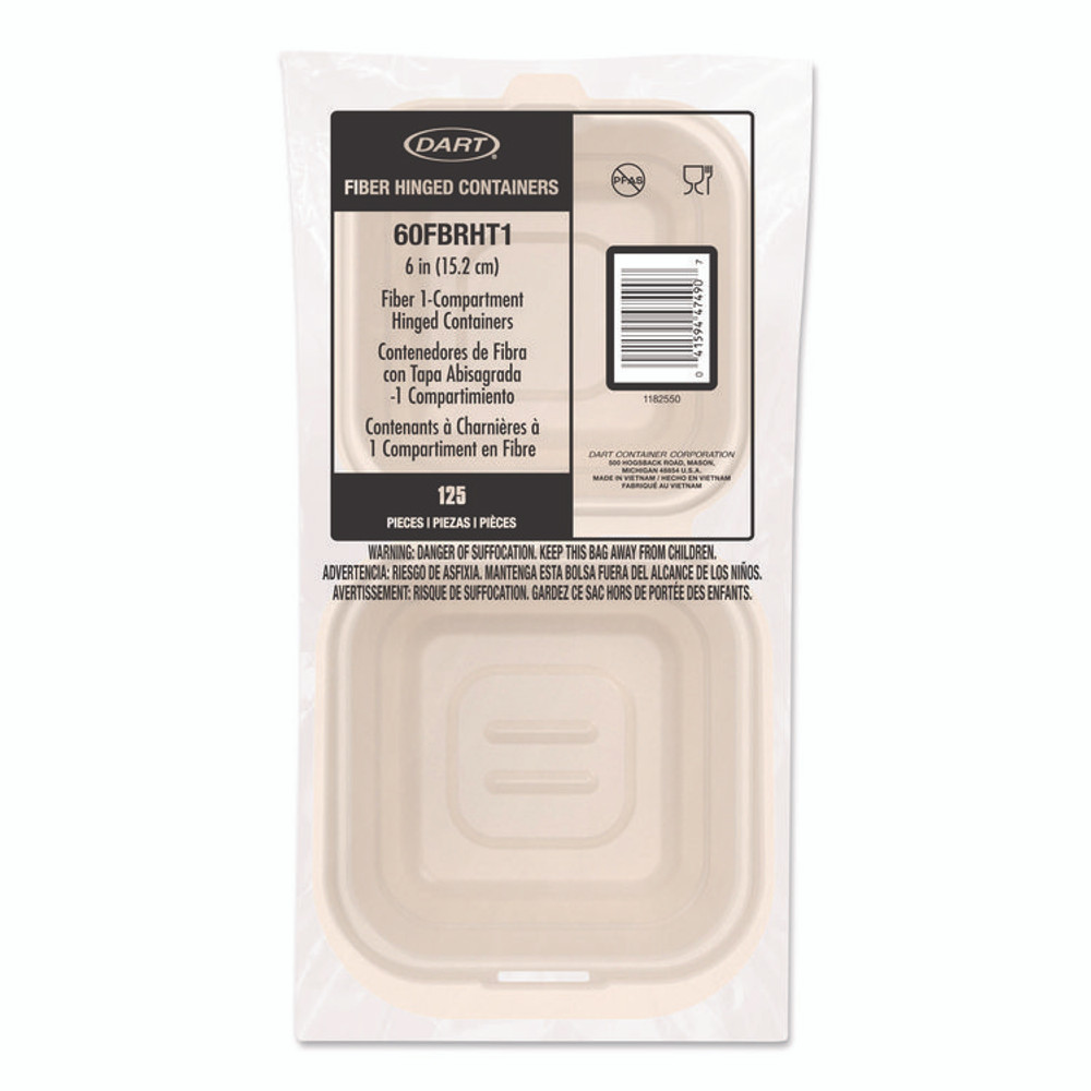 DART 60FBRHT1 Compostable Molded Fiber Hinged Trays, ProPlanet Seal, 6.12 x 5.87 x 3.1, Natural, 500/Carton