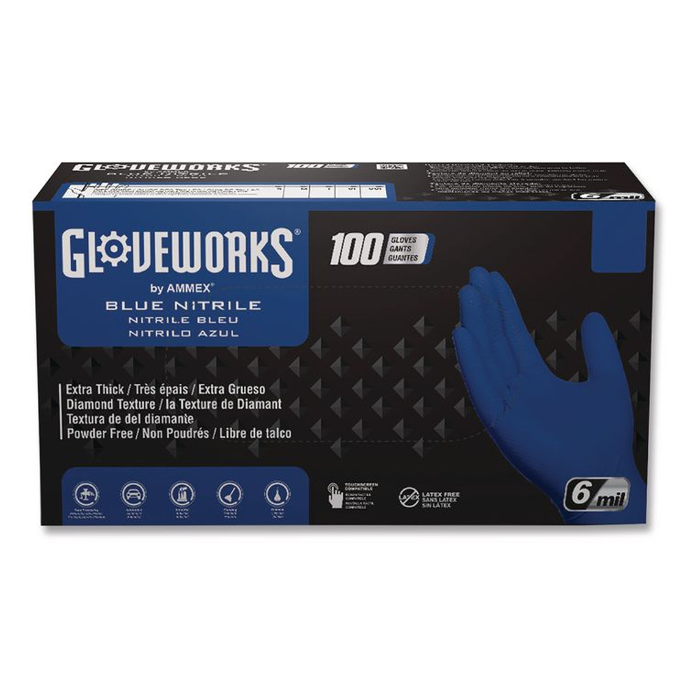 AMMEX CORPORATION GloveWorks® by GWRBN44100 Heavy-Duty Industrial Nitrile Gloves, Powder-Free, Medium, 6 mil Thick, 9.5" Long, Royal Blue, 100/Box, 10 Boxes/Carton