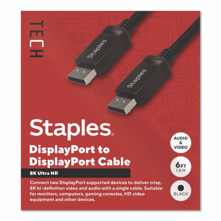 STAPLES BRANDS GROUP TECH ST62474 8K DisplayPort to DisplayPort Audio/Video Cable, 6 ft, Black