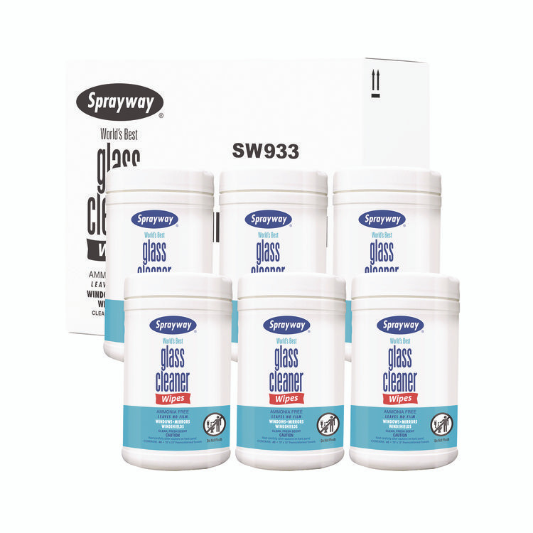 PLZ CORP Sprayway® 933 Glass Cleaner Wipes, 1-Ply, 10 x 12, White, 6/Carton