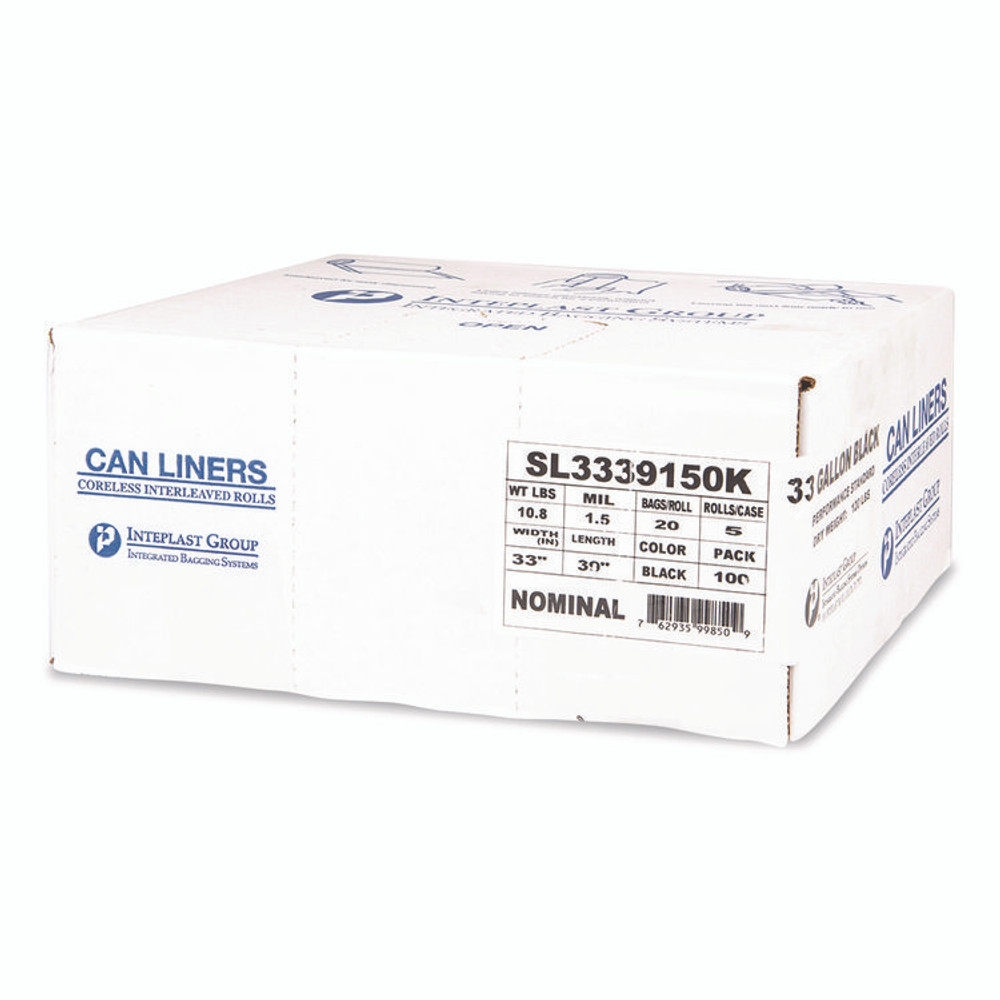 INTEGRATED BAGGING SYSTEMS Inteplast Group SL3339150K Low-Density Commercial Can Liners, 33 gal, 1.5 mil, 33" x 39", Black, Interleaved Roll, 20 Bags/Roll, 5 Rolls/Carton
