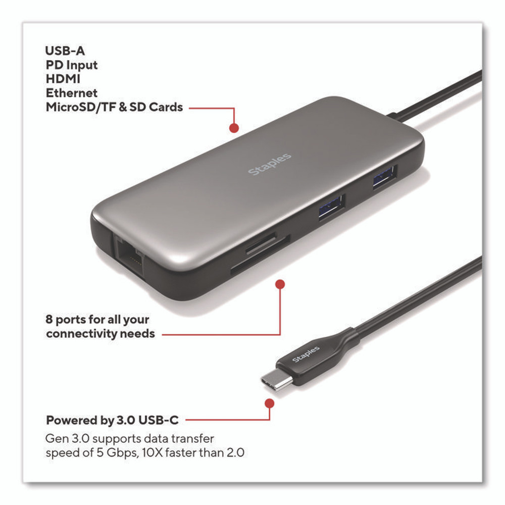 STAPLES BRANDS GROUP TECH ST62383 USB 3.0 Hubs, 8-Port, Gray