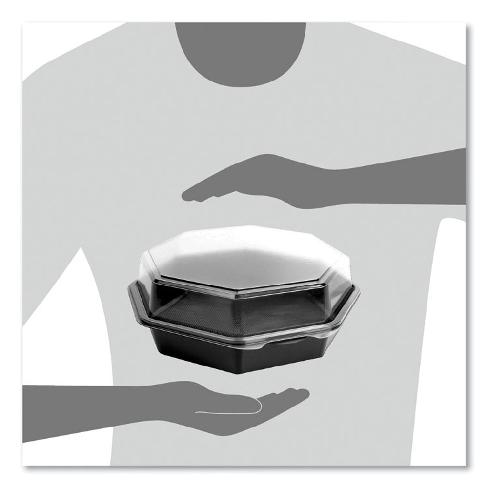DART SOLO® 864056-AP94 OctaView Hinged-Lid Cold Food Containers, 42 oz, 9.57" x 9.2" x 3.2", Black/Clear, Plastic, 100/Carton