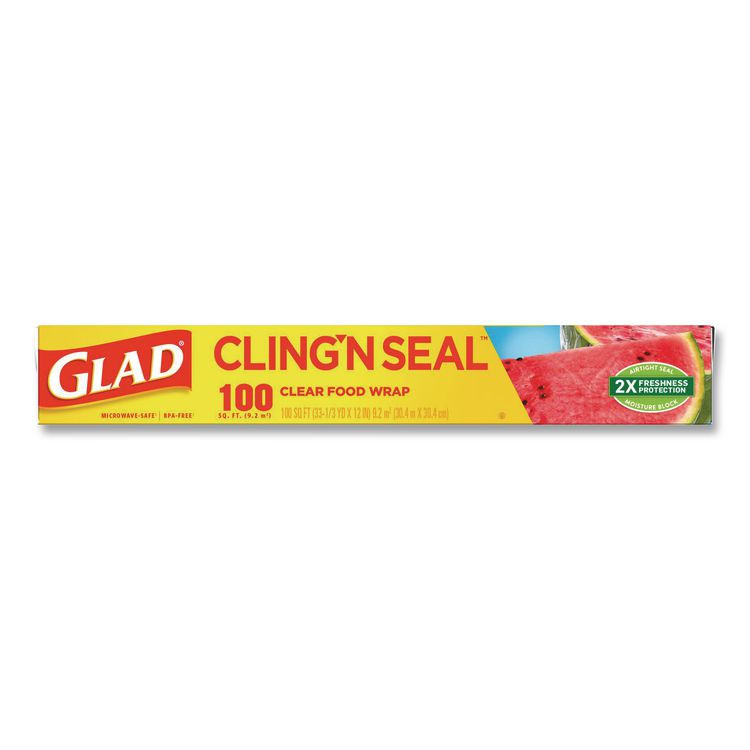 CLOROX SALES CO. Glad® 60684 Cling'N Seal Plastic Food Wrap, 12" x 33.3 yd, 100 sq ft Roll, 16 Rolls/Carton