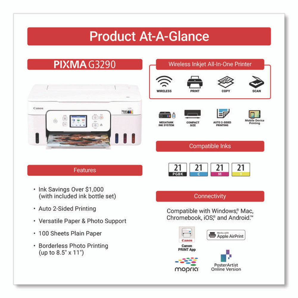 INNOVERA Canon® 6706C022 MegaTank PIXMA G3290 All-in-One Wireless Inkjet Printer, Copy/Print/Scan