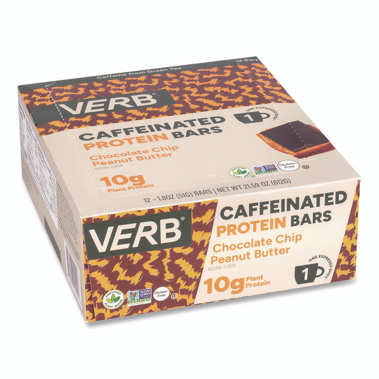VERB ENERGY 22002522 Caffeinated Protein Bar, Chocolate Chip Peanut Butter, 1.8 oz Bar, 12/Box