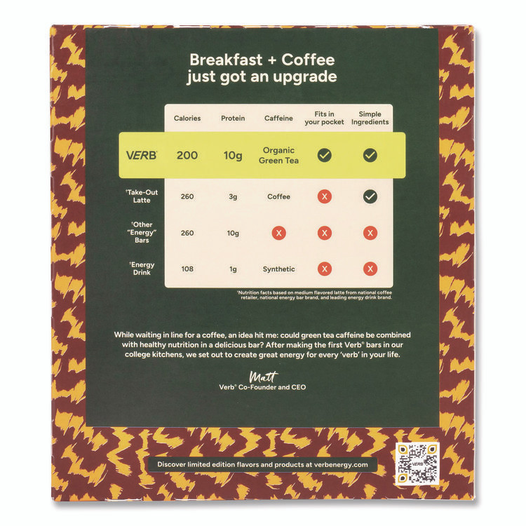 VERB ENERGY 22002522 Caffeinated Protein Bar, Chocolate Chip Peanut Butter, 1.8 oz Bar, 12/Box