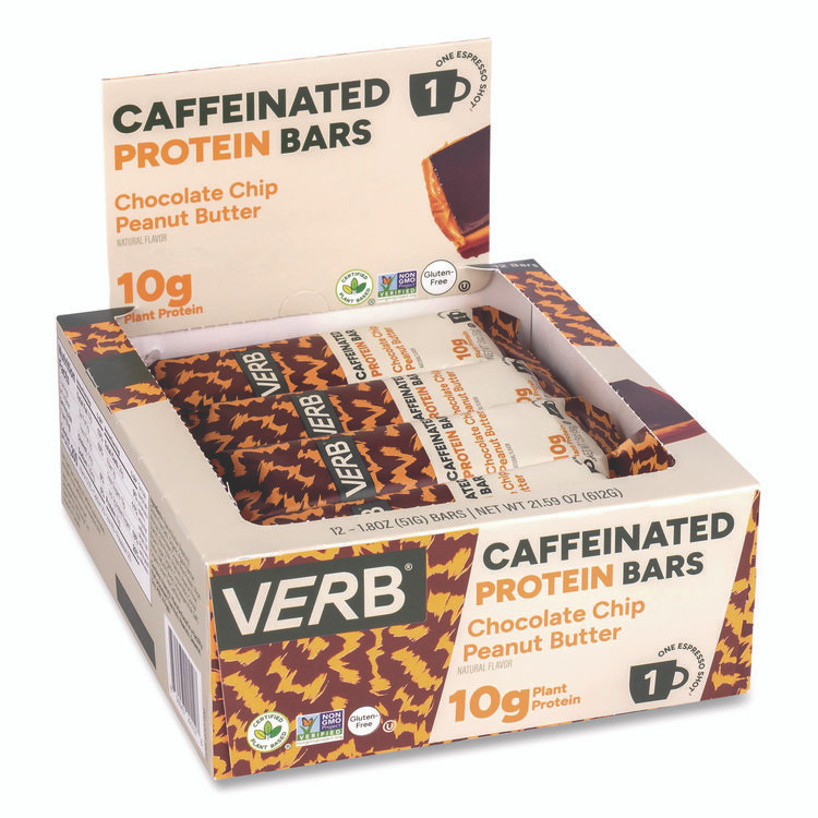 VERB ENERGY 22002522 Caffeinated Protein Bar, Chocolate Chip Peanut Butter, 1.8 oz Bar, 12/Box