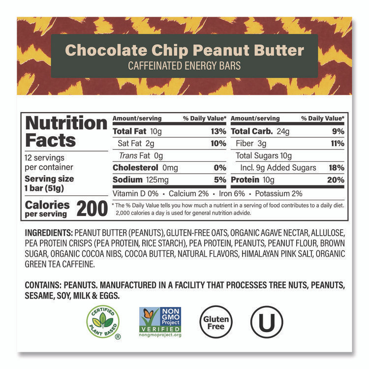 VERB ENERGY 22002522 Caffeinated Protein Bar, Chocolate Chip Peanut Butter, 1.8 oz Bar, 12/Box