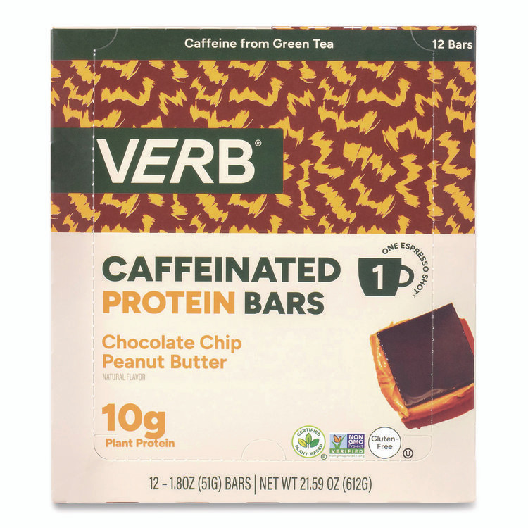 VERB ENERGY 22002522 Caffeinated Protein Bar, Chocolate Chip Peanut Butter, 1.8 oz Bar, 12/Box