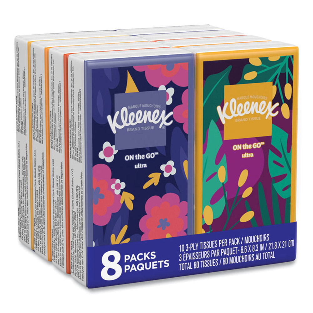 KIMBERLY-CLARK PROFESSIONAL Kleenex® 46651PK On The Go Packs Facial Tissues, 3-Ply, White, 10 Sheets/Pouch, 8 Pouches/Pack