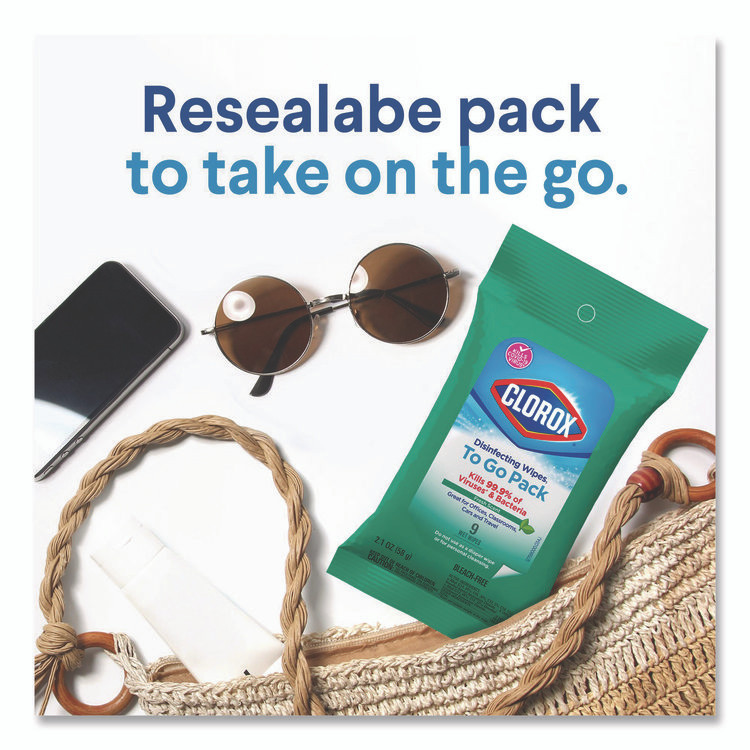 CLOROX SALES CO. 60133 Disinfecting Wipes, On the Go Bleach Free Travel Wipes, 1-Ply, 6.53 x 2.79, Fresh Scent, White, 9/Pack, 24 Packs/Carton