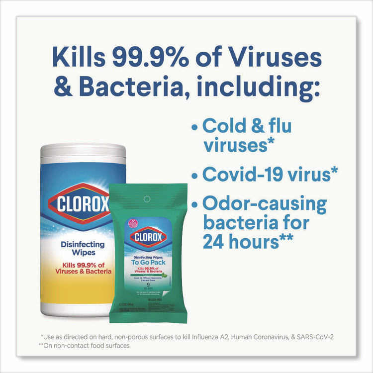 CLOROX SALES CO. 60133 Disinfecting Wipes, On the Go Bleach Free Travel Wipes, 1-Ply, 6.53 x 2.79, Fresh Scent, White, 9/Pack, 24 Packs/Carton