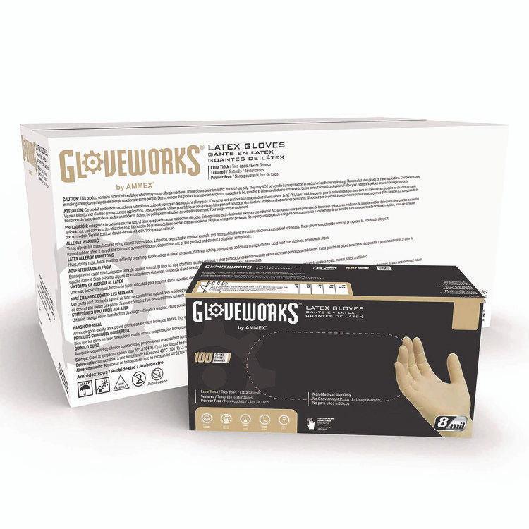 AMMEX CORPORATION GloveWorks® by ILHD46100 Extra Thick Latex Disposable Gloves, Powder-Free, Large, 6 mil Thick, 9.5" Long, Ivory, 100/Box, 10 Boxes/Carton