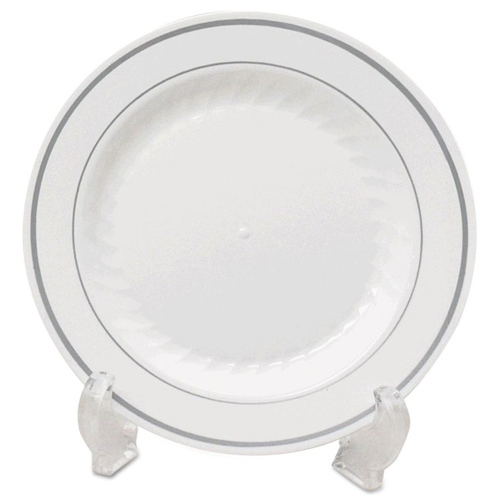 WNA, INC. MP10WSLVR Masterpiece Plastic Dinnerware, Plate, 10.25" dia. White/Silver, 12/Pack, 10 Packs/Carton