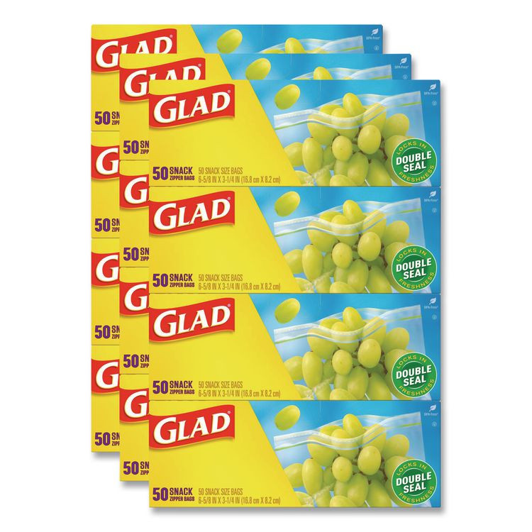 CLOROX SALES CO. Glad® 60741 Zipper Food Storage Plastic Bags, Snack Size, 3.25 x 6.63 x 9.31, Clear, 50 Bags/Box, 12 Boxes/Carton