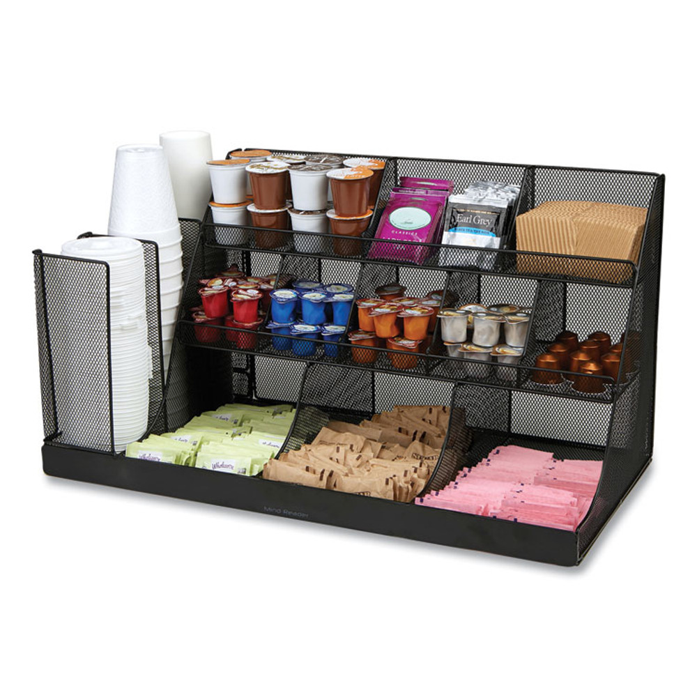 EMS MIND READER LLC CMG2MESHBLK Network Collection 14-Compartment Coffee Cup and Condiment Countertop Organizer, 11.61 x 23.9 x 12.76, Black