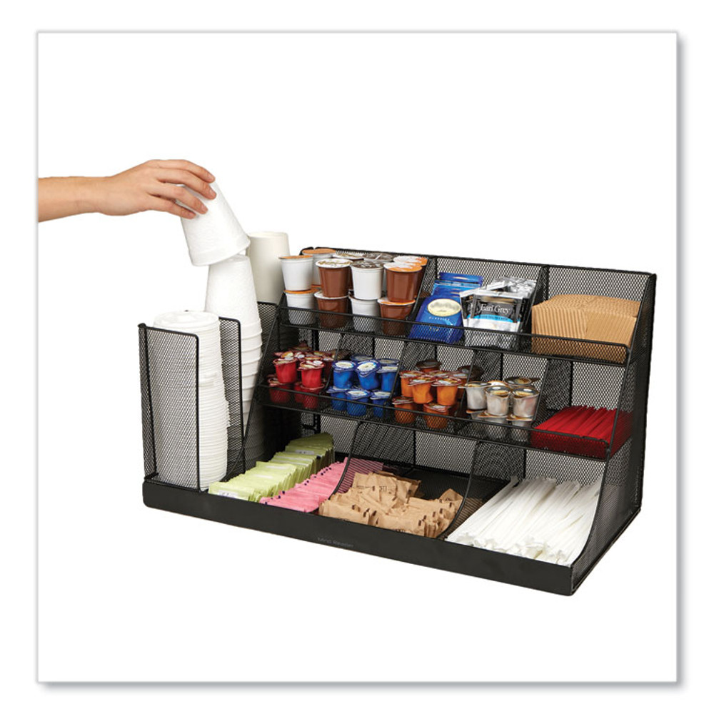 EMS MIND READER LLC CMG2MESHBLK Network Collection 14-Compartment Coffee Cup and Condiment Countertop Organizer, 11.61 x 23.9 x 12.76, Black