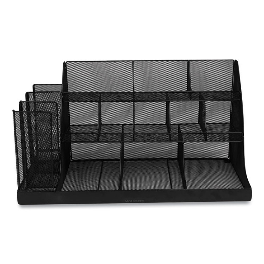 EMS MIND READER LLC CMG2MESHBLK Network Collection 14-Compartment Coffee Cup and Condiment Countertop Organizer, 11.61 x 23.9 x 12.76, Black