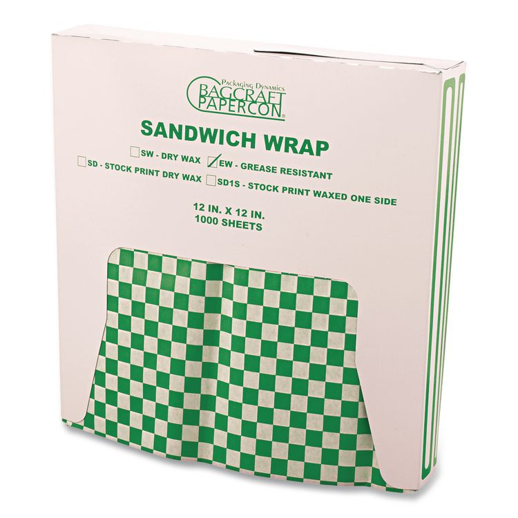 BAGCRAFT 057950 Grease-Resistant Paper Wraps and Liners, 12 x 12, Green Check, 1,000/Box, 5 Boxes/Carton