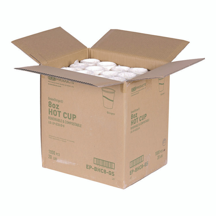 ECO-PRODUCTS,INC. EP-BHC8-GS GreenStripe Renewable and Compostable Hot Cups, 8 oz, Paper, White/Green, 50/Pack, 20 Packs/Carton