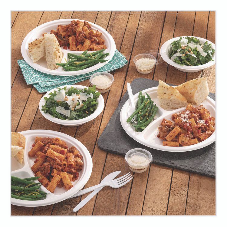 PACTIV EVERGREEN CORPORATION MC50044BB EarthChoice PFAS Free Compostable Dinnerware, 3-Compartment Plate, 10" dia, White, 500/Carton