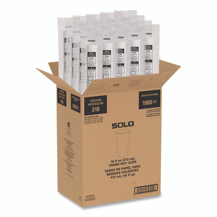 DART SOLO® 316RCPLANET Recycled Content PCF Paper Hot Cups, ProPlanet Seal, 16 oz, White/Blue, 1,000/Carton