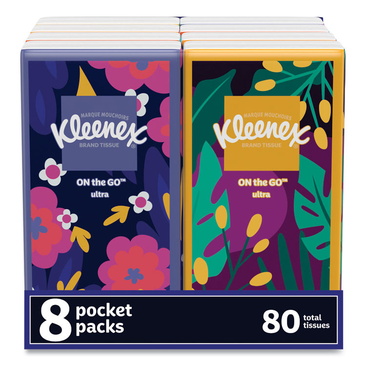 KIMBERLY-CLARK PROFESSIONAL Kleenex® 46651CT On The Go Packs Facial Tissues, 3-Ply, White, 10 Sheets/Pouch, 8 Pouches/Pack, 12 Packs/Carton