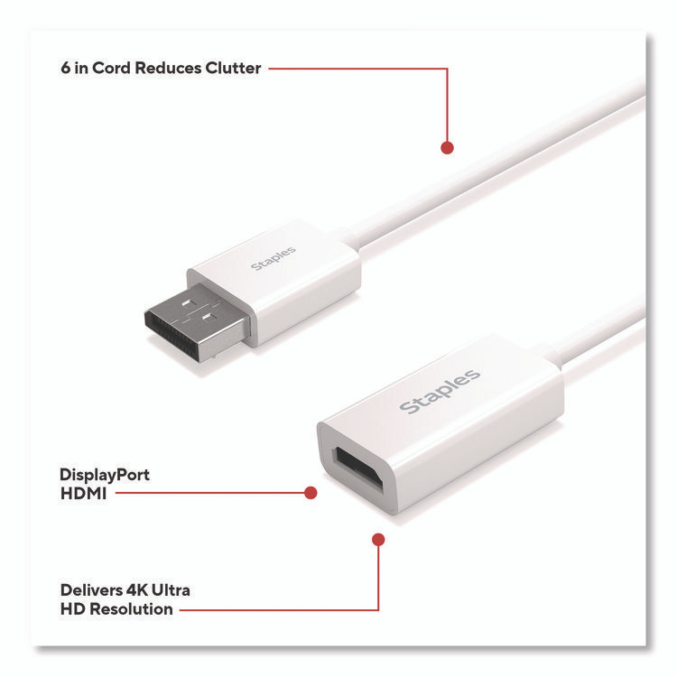 STAPLES BRANDS GROUP TECH ST62362 DisplayPort to HDMI Audio/Video Adapter, 6", White
